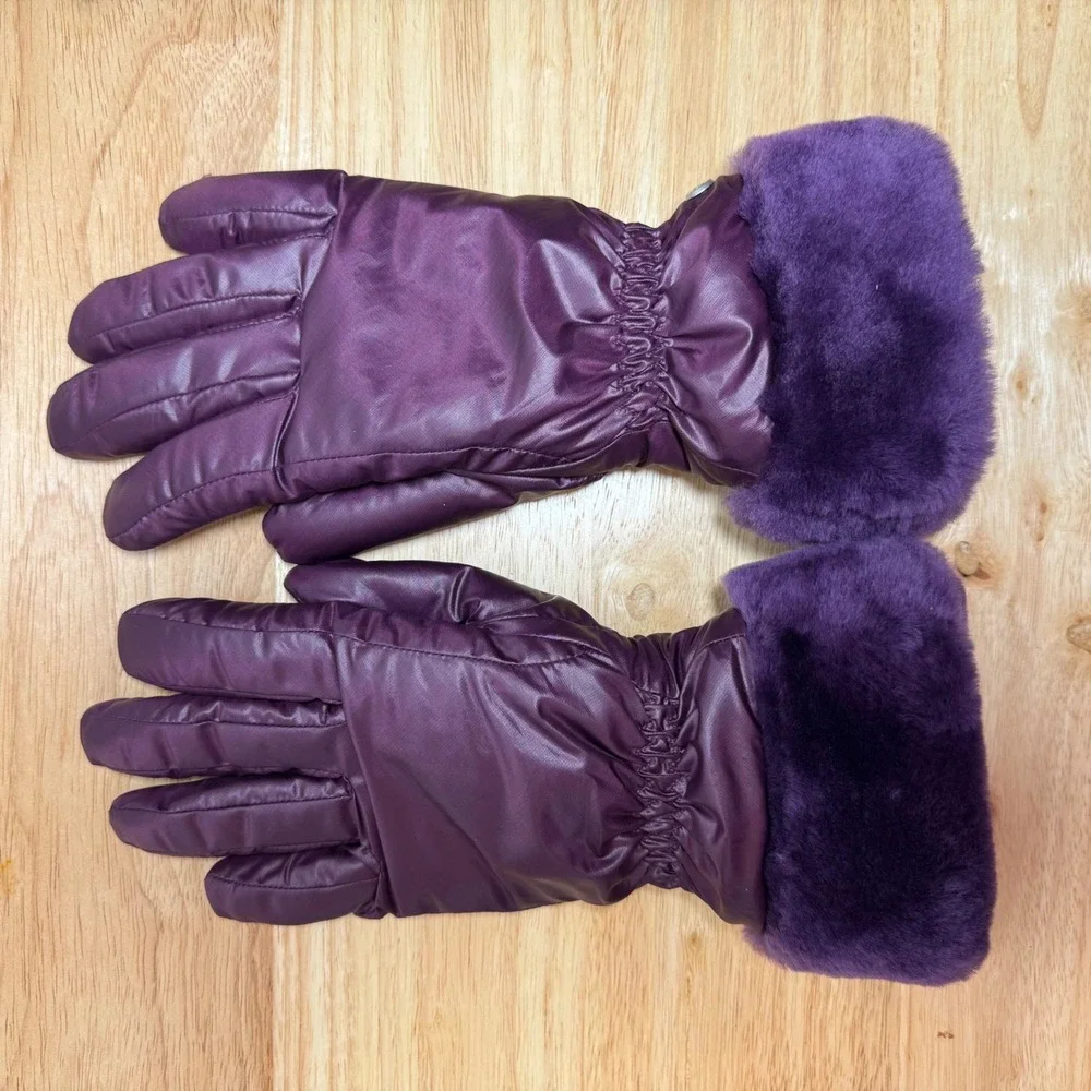 UGG Purple Leather Palm Shearling Trim Winter Gloves Womens S/M